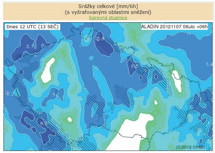 Obrázek – Ukázka mapy kvantifikované předpovědi srážek podle modelu ALADIN 